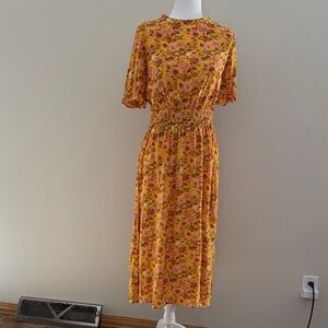 LOFT Yellow Floral Midi Dress with Pink & Rust Accents